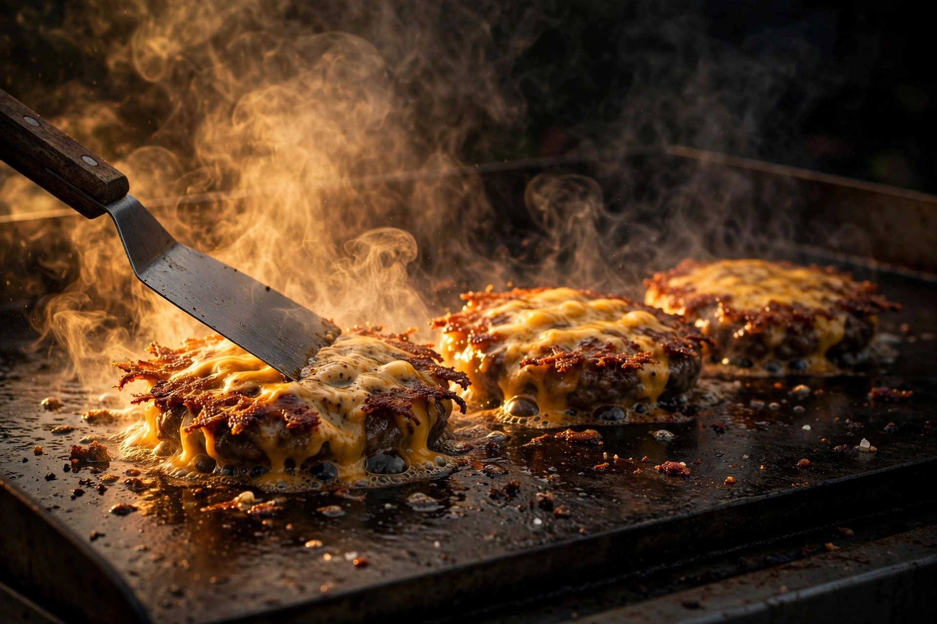Smash burgers sizzling on a flat-top griddle