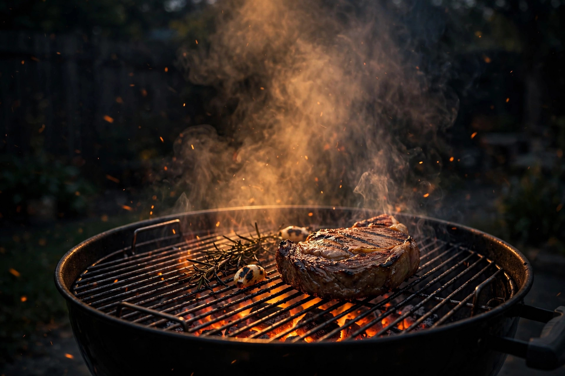 Charcoal grill with glowing embers at dusk