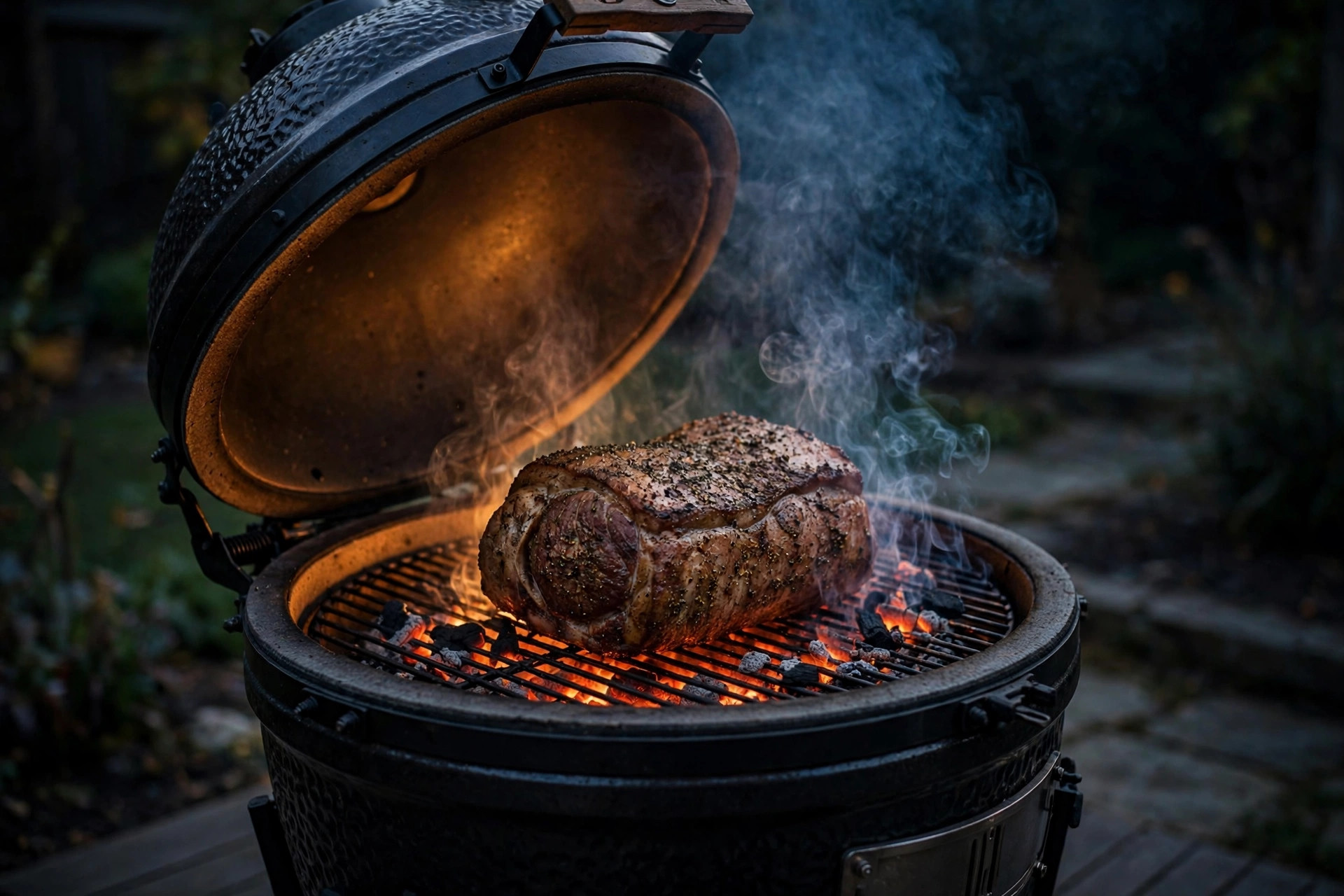 Kamado grill with glowing charcoal