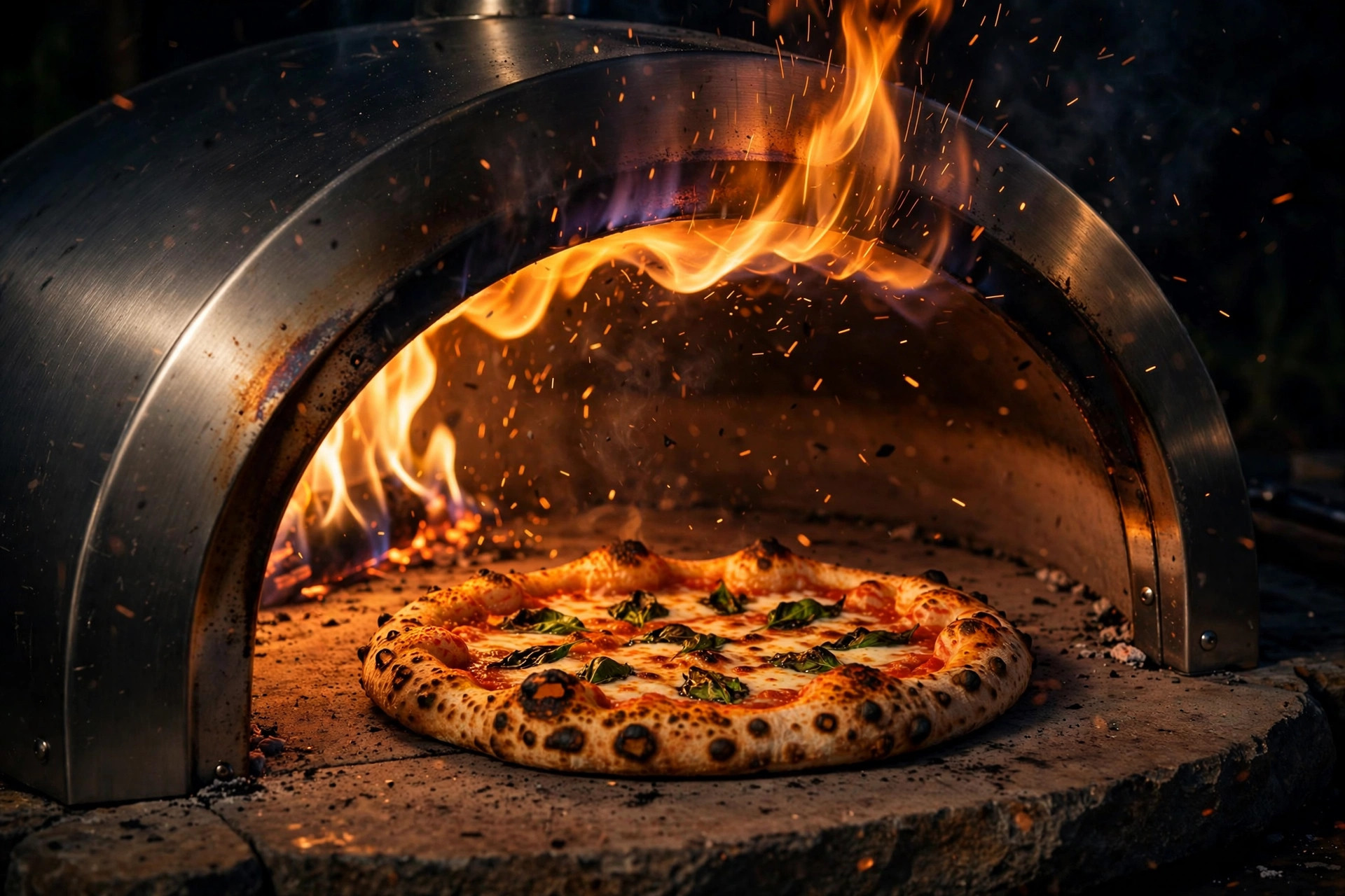 Pizza baking inside a flaming outdoor pizza oven